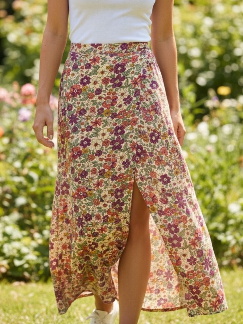 Rewind Floral Split Maxi Skirt in Cream, Pink, Green